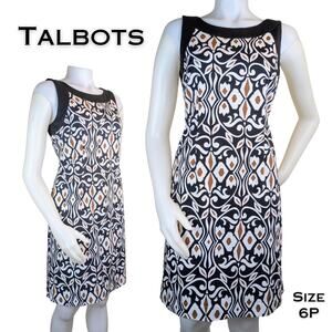 Talbots Sleeveless Sheath Dress 6 Petite White Black Stretch Cotton Geometric